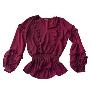 Lauren Ralph Lauren Blouse XS Burgundy Ruffle Fairycore Romantic